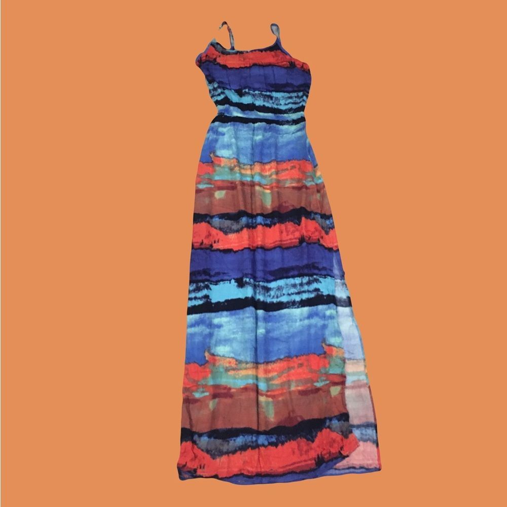 Scoop NYC Medium long maxi dress Orange blue painterly  watercolor material EUC